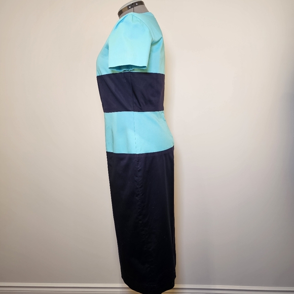 Custom handmade blue navy color block lined tea-length midi dress size 12 US - Picture 3 of 5